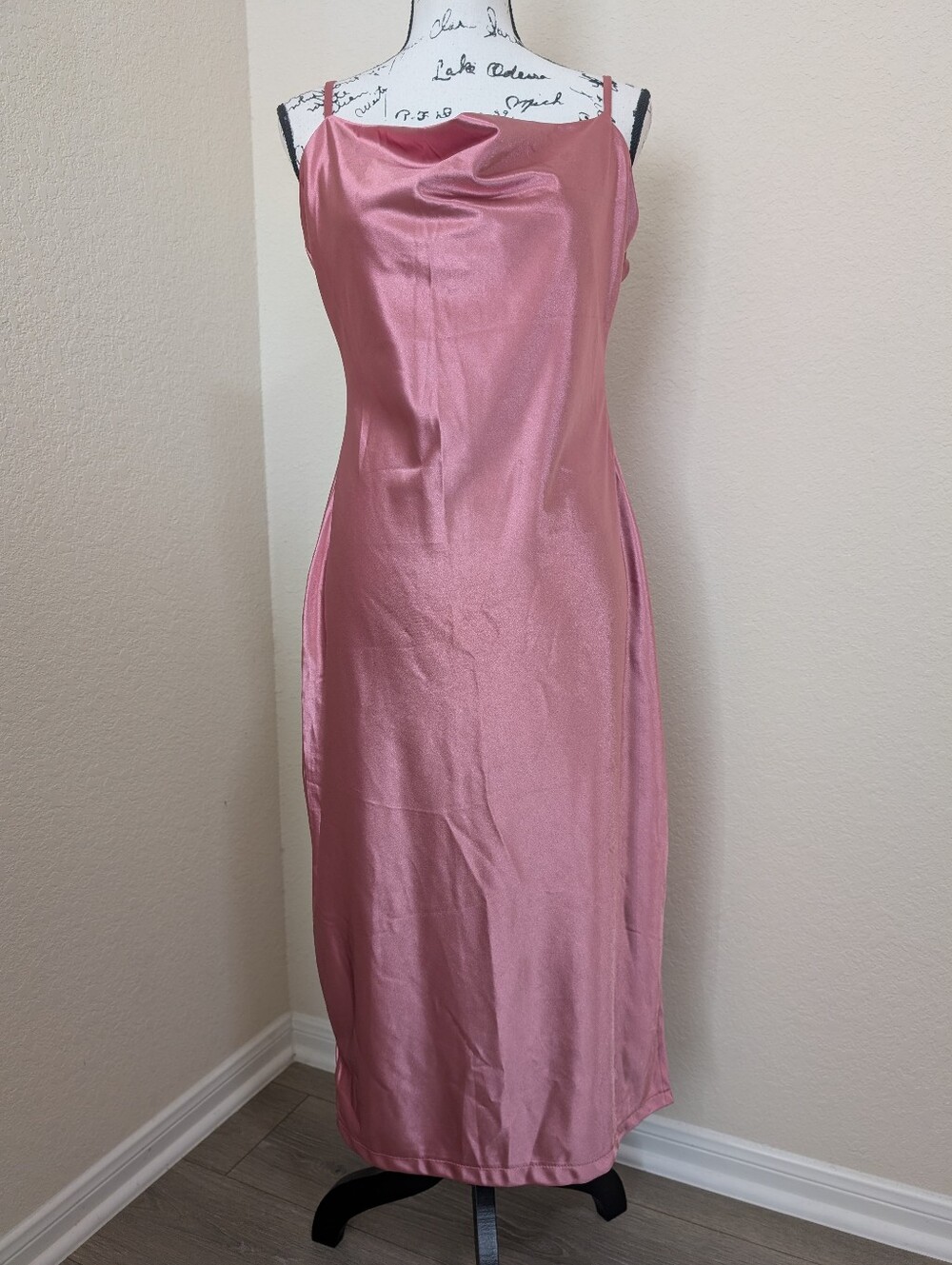 Adjustable Straps Dusty Rose Pink Satin Cowl Neck Slip Midi Dress Side Slit•L🩷